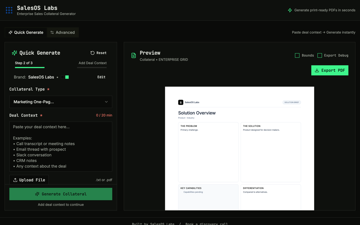Collateral Generator app with a solution brief preview