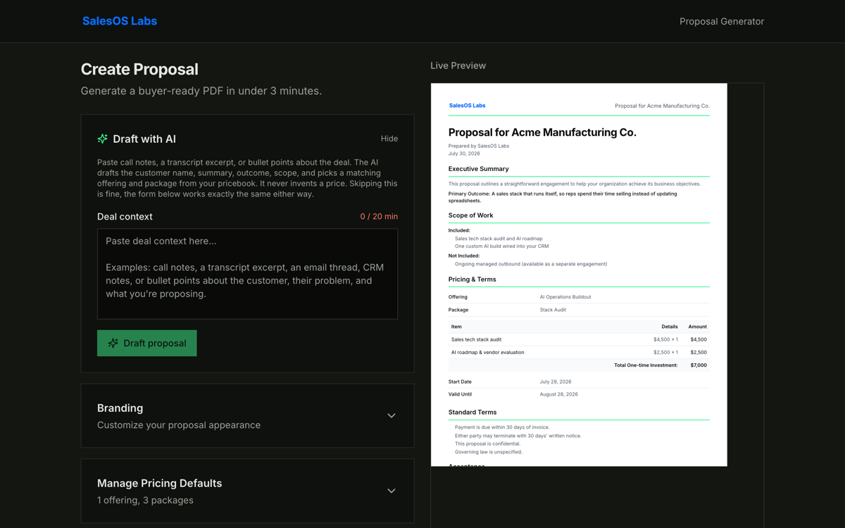 Proposal Generator app with a live proposal preview